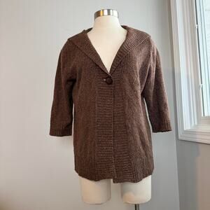 Brown one button 34 sleeve cardigan with multicolor thread speckles
